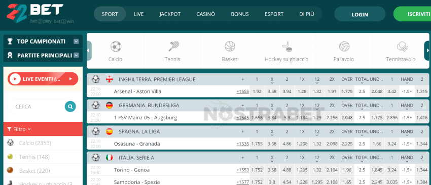 22bet scommesse sportive